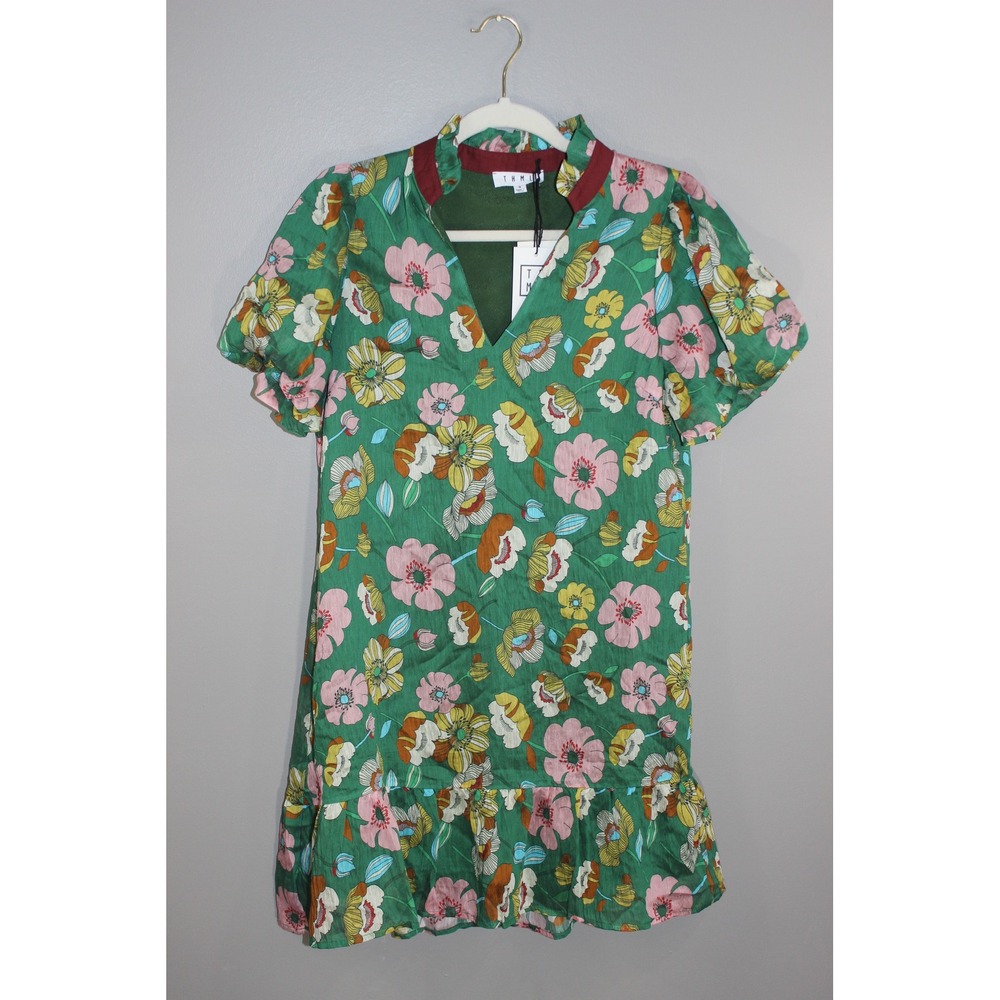 THML Elowen Dress Women Small Green Floral NEW Ruffle Collar Mini JH2220-5-GN